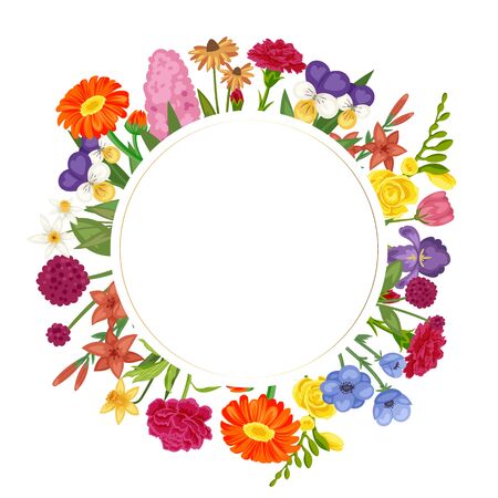 Floral circle with flowers frame of roses, chamomiles, daisies, asters and blossoms, bellflowers cartoon vector illustration. Spring or summer flowers for womans day card.のイラスト素材