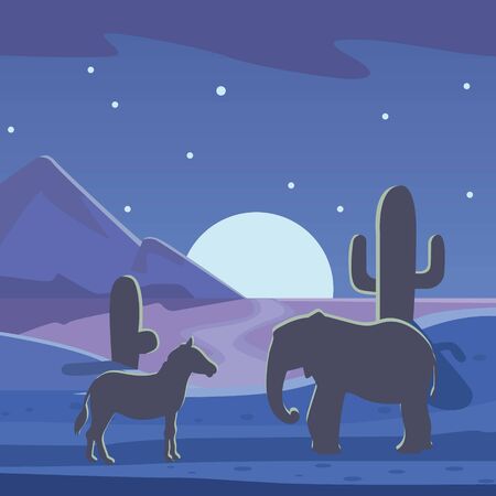 African savanna night landscape with silhouette of animals, vector poster. Elephants and zebra with cactuses, mountain and moon illustration. Dark blue banner of Africa savanna with animals.のイラスト素材
