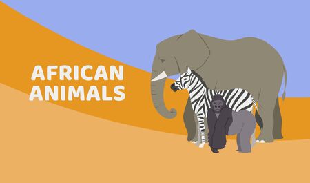 Zoo or safari entrance with african animals vector banner or poster. Illustration of elephant, gorilla and zebra, african fauna. Visiting Africa animals park entrance ticket or map poster.のイラスト素材