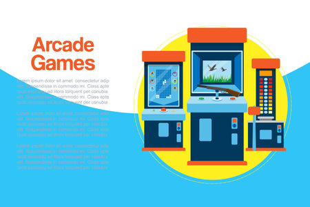 Arcade games machine vector illustration. Arcade gambling games in casino where gamesome gambler or gamer bet in gaming computer machinery illustration for poster or banner.のイラスト素材