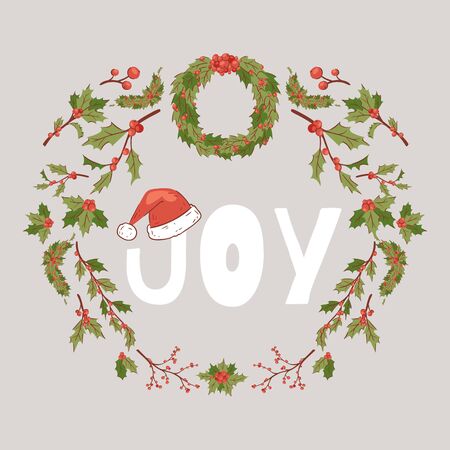Joy Christmas holly berry mistletoe wreath vector illustration with santa red cap poster. Floral wreath for xmas and winter joy decor. Decorative christmas leaf traditional ornament symbol.のイラスト素材