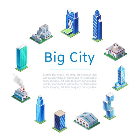 Set of 3d isometric skyscrapers, big city houses and tall buildings icons isolated on white for map building, vector illustration. Real estate concept. Big city poster.のイラスト素材