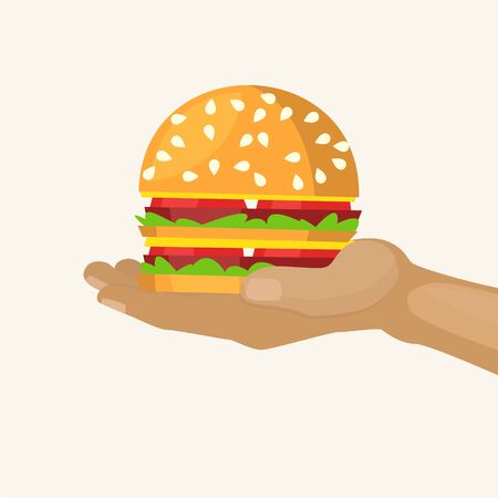 Hand holds burger cartoon vector illustration. Fast food with hamburger isolated on white advertisement. Beefburger street food poster or banner element.のイラスト素材