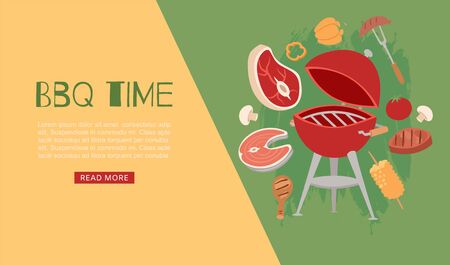 Barbeque time banner with grill, bbq and grilled food steak, chicken, vegetables vector illustration. Barbeque time summer party banner for restaurant or bbq steak house.のイラスト素材