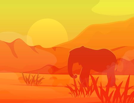 Savanna elephant in Africa travel monochrome vector illutration. Wild deserted savanna with silhoette of elephant on mountains landscape backdrop for extreme adventure travelling in wild africa.のイラスト素材