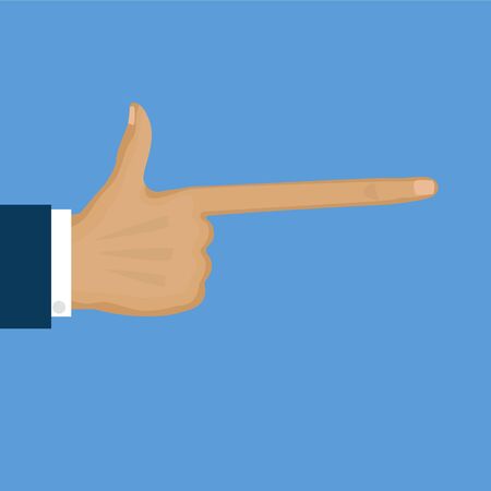 Pointing long finger flat cartoon vector illustration. Hand of the human on blue background. Hypertrophic pointing finger. Hand banner. Hand arrow icon. Direction gesture poster.のイラスト素材