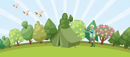 Hunting in forest banner with hunter holding rifle and ducks, trees and hunt tent cartoon vector illustration. Hunting sport hobby recreation background.のイラスト素材