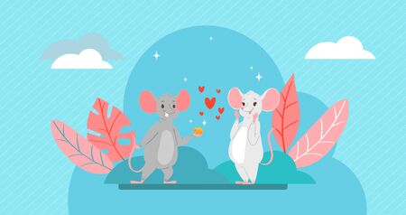 Valentine s Day romantic couple of lovely mice in love, cartoon animals characters boy mouse with hearts and cheese gift and mouse-girl lovers vector illustration. Valentines day of love for mice.のイラスト素材