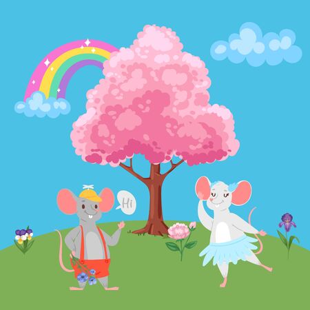 Valentine s Day romantic couple of lovely mice in love, cartoon animals characters boy mouse, love-tree, rainbow and mouse-girl lovers vector illustration. Valentines day of love for mice.のイラスト素材