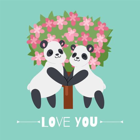 Valentine s Day panda in love romantic couple, cartoon animals characters lovers vector illustration. Valentines day of love for pandas under blosom tree.のイラスト素材