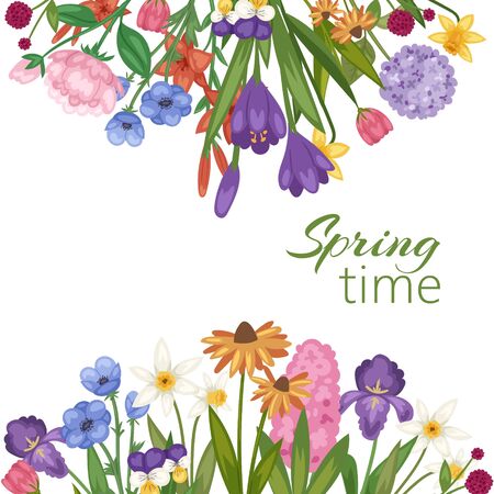 Spring time flowers, floral card with garden flowers botanical vector illustration. Summer or spring flower time floral save the date card isolated on white background.のイラスト素材