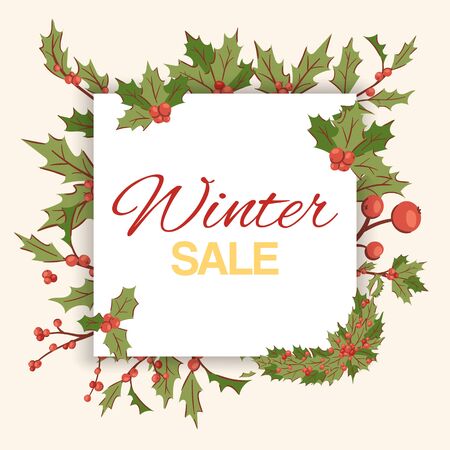 Winter sale banner vector illustration with text, flowers branch. Winter season big sale and discout banner.のイラスト素材