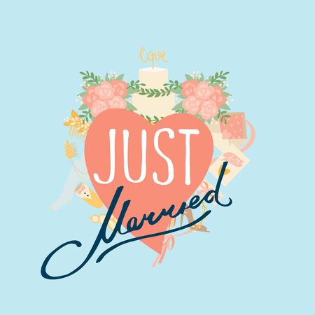 Just married wedding heart, decorative lettering and pink flowers, wedding cake, ribbon card cartoon illustration. Just married poster or invitation card.のイラスト素材