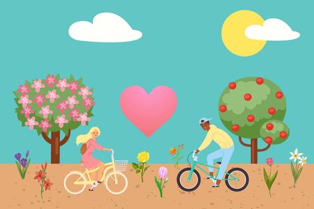 Love couple concept of valentine day, two enamored on bicyle near tree with flowers and fruits and pink heart baloon in spring season cartoon vector illustration. Love couple in park on bikes.のイラスト素材