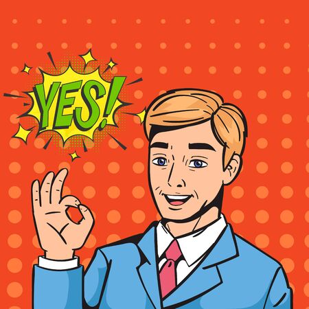 Pop art businessman saying yes comic illustration. Business success businessman smiling. Retro style pop art dotted background. Business people successful trade and good worker.のイラスト素材