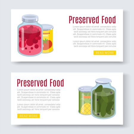 Cartoon canned, preserved and jar food banner horizontal set illustration. Conserved and preserved food concept flat design style. Nutrition vegetables and fruits in cans isolated on white.のイラスト素材