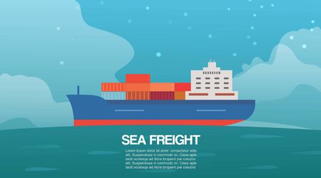 Sea freight cargo container sailing ship cartoon illustration. Seagoing commercial freight transport with loaded container ship. Global cargo shipping background poster with typography.のイラスト素材