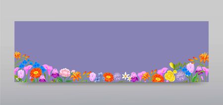 Spring flowers background with peopy, lily, roses and summer daisies floral banner illustration. Floral card and flowers for party or wedding invitation.のイラスト素材