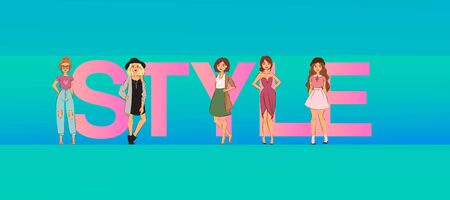 Fashion girls on big style letters illustration blue banner or poster. Style for beautiful ladies. Cute and young model girls. Beauty visage. Vogue style and trendy design for woman.のイラスト素材