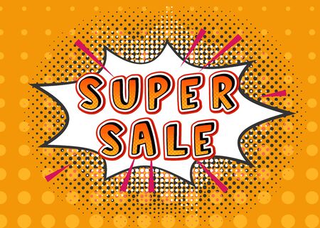 Super sale pop art comic boom explosion with sale word illustration. Bright dynamic cartoon illustration in retro pop art style on yellow dotted background. Discount sale explosion poster.のイラスト素材