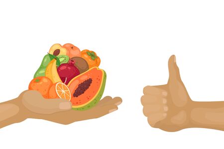 Hand giving exotic ripe fruits and hand holding thumb up for vegetarians illustration. Fruit in handful on white background. Healthy food, diet, vegeterian, vitamin and nature concept.のイラスト素材