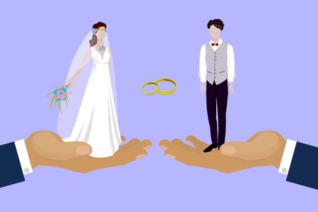 Wedding couple newly married weds bride and bridegroom standing on huge human hands cartoon illustration. Wedding couple man and woman with marriage rings poster.のイラスト素材
