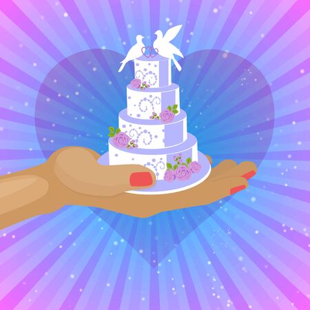 Wedding cakes with white icing decorated with cream rose, bridal couple of doves poster illustration. Wedding confectionery cake on hand with heart background.のイラスト素材