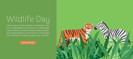Wildlife day web banner illustration. Cartoon wild tiger and zebra with abstract african jungle decoration for animal care and conservation. Africa wildlife day.のイラスト素材