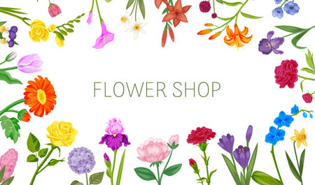 Flowers shop floral frame poster with peopy, lily, roses and daisies illustration. Flora and flowers shop poster or card.のイラスト素材