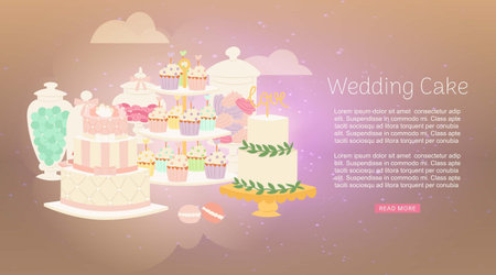 Wedding cakes 3 tiered delicious with white icing decorated with cream rose, bridal cupcakes and sweets web shop illustration. Wedding confectionery and cakes web banner.のイラスト素材