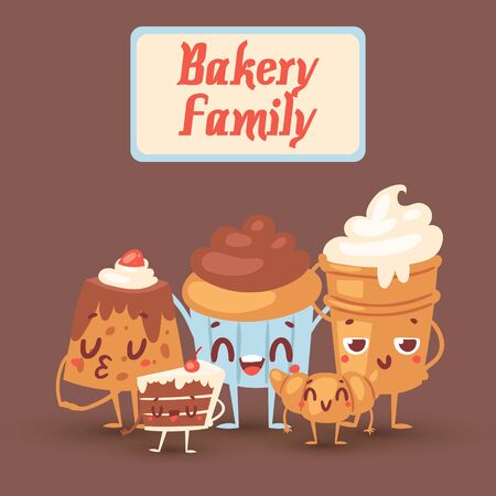 Cute bakery kawaii family vector illustration with yummy cakes, biscuits, bread and cupcakes with eyes. Funny smiling baked cartoon characters for baking shops or cafe poster, kids menu.のイラスト素材