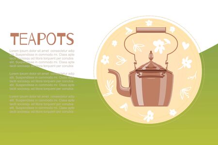 Cartoon ceramic teapot and kettle for tea party banner vector illustration. Teapot for home kitchenware, household utensils for tea party, best gift.のイラスト素材