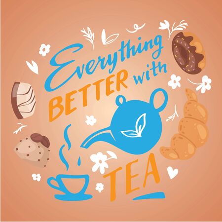 Card collection sweet pastries and tea with callygraphy vintage poster of bakery sweet shop, tea party or coffee house vector illustration. Tea and sweets lettering card.のイラスト素材
