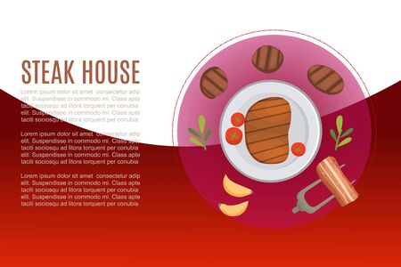 Steak and grill house menu  poster with fork and BBQ roaster and potato chips.のイラスト素材