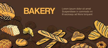 Bakery and bread shop vector illustration sketch, loaf, baguette, buns and croissant bakery house with fresh pastry. Baking goods poster with typography.のイラスト素材