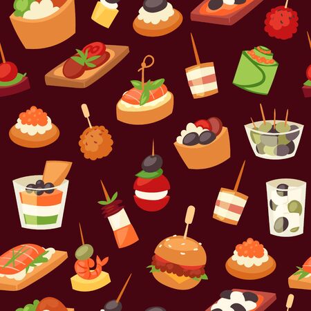 Canapes, mini burgers, appetizer, finger food with caviar, olives and green vegetables cartoon seamless pattern vector illustration. Buffet, restaurant canape finger food and snack webpage.のイラスト素材