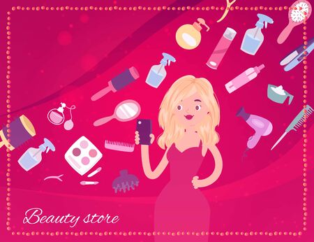 Beauty store banner with cosmetics, makeup accessories, fan, brushes and beautiful girl cartoon vector illustration. Cosmetics with brushes, powder palettes, lipstick, nail polish for beauty shop.のイラスト素材
