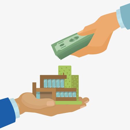 Real estate purchase with businessman hand holding a house and money banknotes in other hand cartoon vector illustration. Real Estate business, property investment concept.のイラスト素材