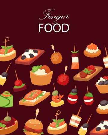 Finger food with shrimps, fish, olives and green vegetables appetizer, canapes, tapas on plate, cartoon background vector illustration. Buffet, restaurant canape finger food and snack poster.のイラスト素材