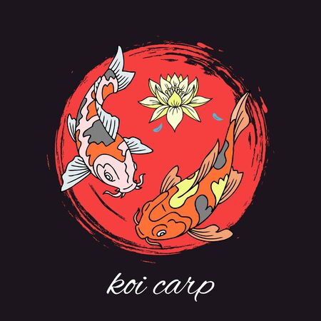 Koi carps Japanese fishes swimming with lily flower in circleのイラスト素材