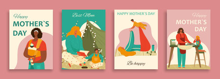 Happy mothers day banners set with mom and baby child, daughter, son cartoon vector illustration....