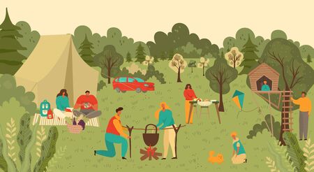 Family and people in park outdoors picnic, mother, father and children with food and playing on countryside grass in summer nature cartoon vector illustration. Family couple and kids on picnic.のイラスト素材