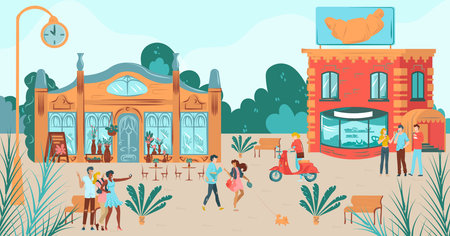 Happy friends together on houses scene, group of cheerful friendly people teenagers hugging, speaking walking on town streets cartoon vector illustration. Friendship, city lifestyle concept.のイラスト素材