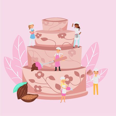 Cooking cake with chocolate cream and micro people cookers with confectionery tools sweet dessert cartoon vector illlustration. Cook for holiday event organization service or confectioner business.のイラスト素材