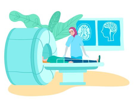 MRI tomography scanner in hospital, doctor and patient on medical MRI scanning examination cartoon illustration. Computer monitor and patient in MRI tube get diagnosis, x-ray.のイラスト素材