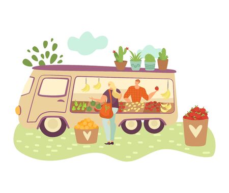 Organic food farmer truck, farmers with harvest of vegetables, fruits and woman buys isolated on whiteのイラスト素材