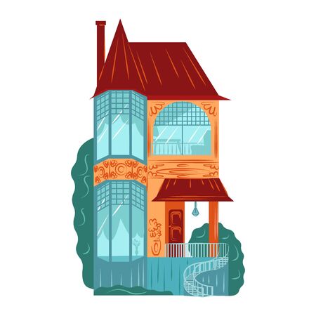 Residential house building exterior, facade architecture, two floors, brick tower flat vector  isolated on white.のイラスト素材