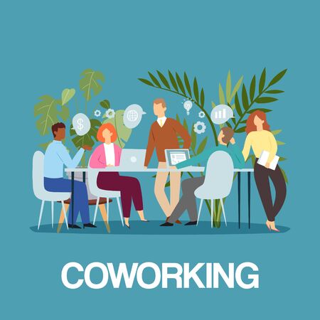 Coworking business people concept idea meeting and brainstorming cartoon vector illustration. Coworking for teamwork, office people speaking, working team and bubbles.のイラスト素材