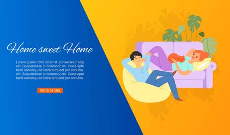 Young couple at home, man and woman sit on cosy couch with cat in the home atmosphere cartoon vector illustration. Home sweet home happy young family web banner.のイラスト素材