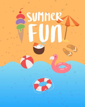 Summer fun on sea beach banner with ocean sand, sun umbrella, swimming flamingo, holiday elements vector illustration. Vacation on sea summer beach poster.のイラスト素材